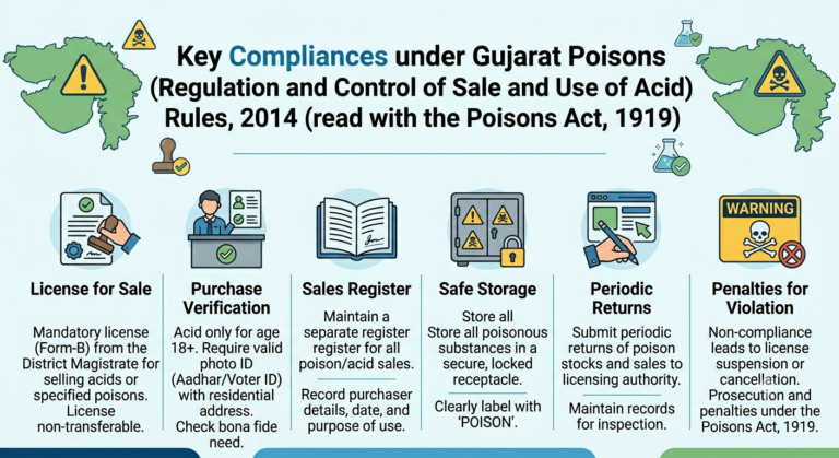 Key Compliances under Gujarat Poisons (Regulation and Control of Sale and Use of Acid) Rules, 2014 read with the Poisons Act, 1919
